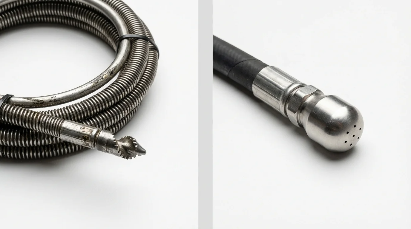 Drain snake cable and hydro jetting nozzle used for drain cleaning in Wilton, ME