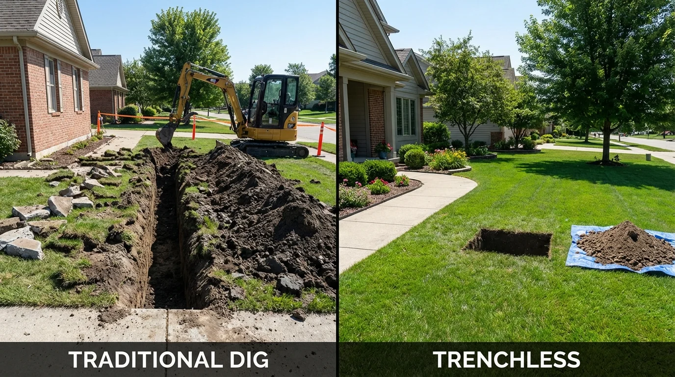 Trenchless sewer repair with minimal yard damage versus traditional excavation in Wilton, ME