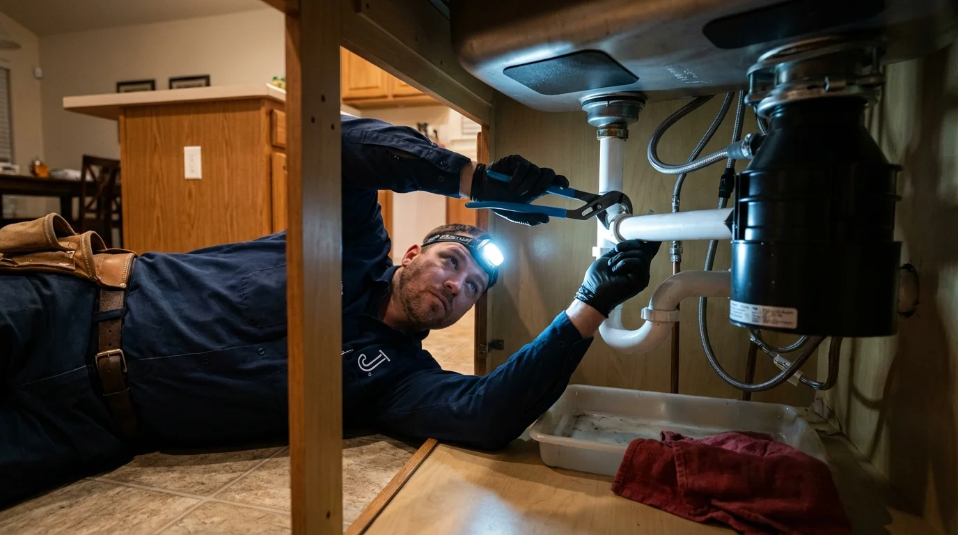 P-trap and supply line connections under a kitchen sink showing a common leak point in Wilton, ME